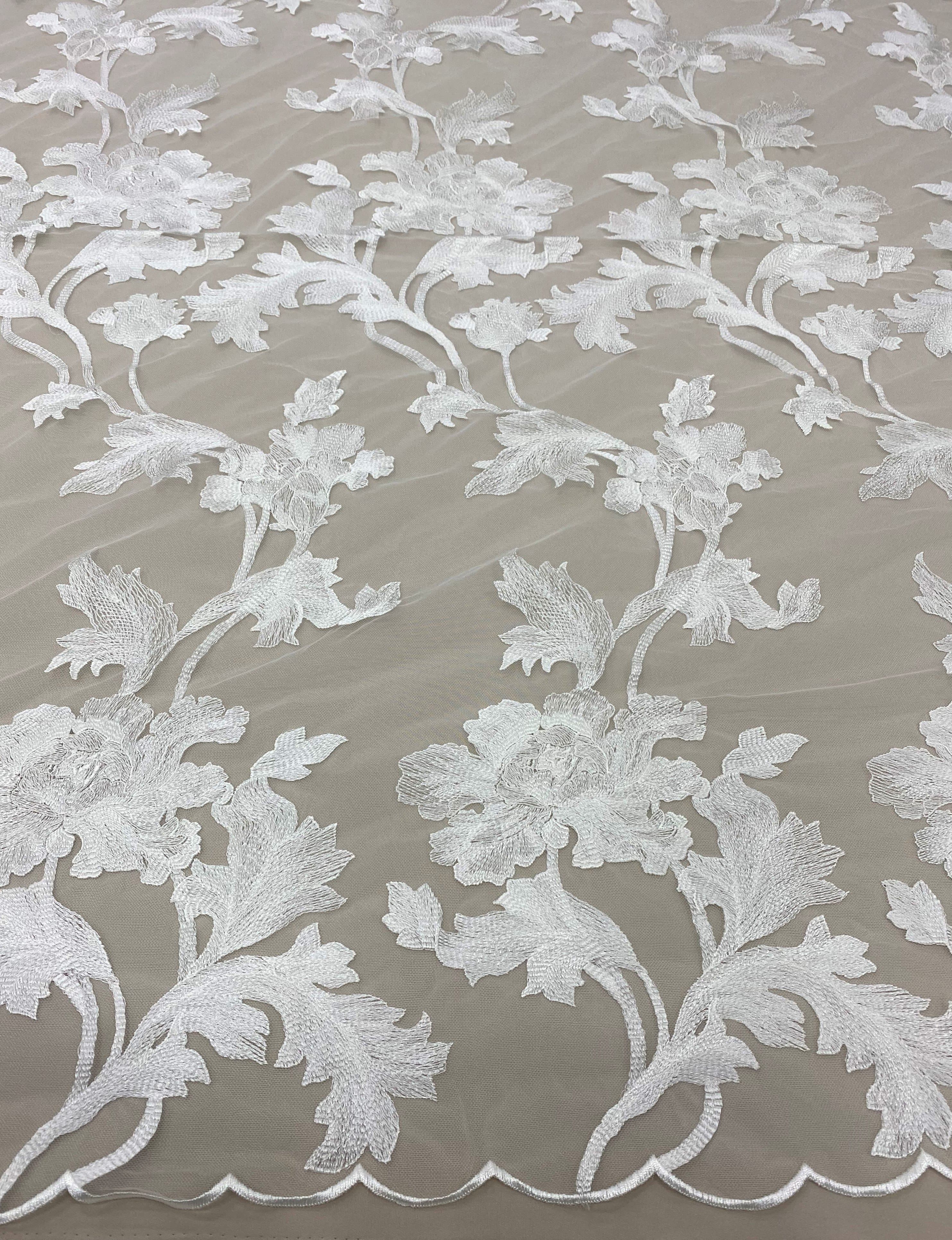 Ivory Floral Embroidered Tulle — featuring floral motifs, 50% nylon 50% rayon, 135cm wide