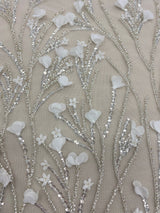 Ivory Floral Embellished Tulle — featuring floral motifs, hand-beading and sequins, 60% nylon 40% metallic, 130cm wide