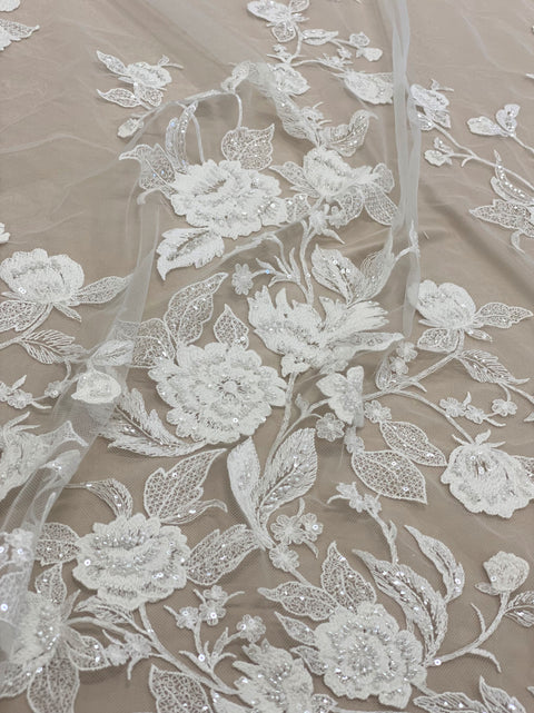 Floral Embroidered tulle (W53529) Ivory
