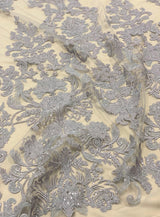 Gunmetal Embroidered Floral Tulle — featuring sequins, 50% nylon 30% polyester 20% rayon, 130cm wide